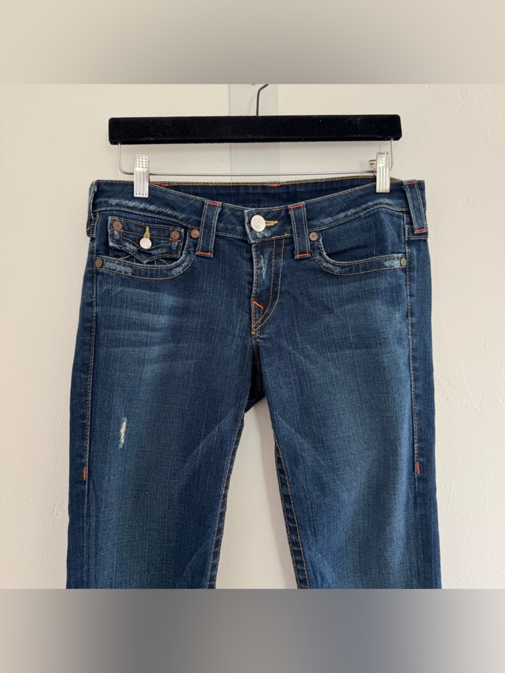 True Religion Joey Low Rise Flare Jeans Dark Blue Denim Distressed y2k 00s - Picture 4 of 14